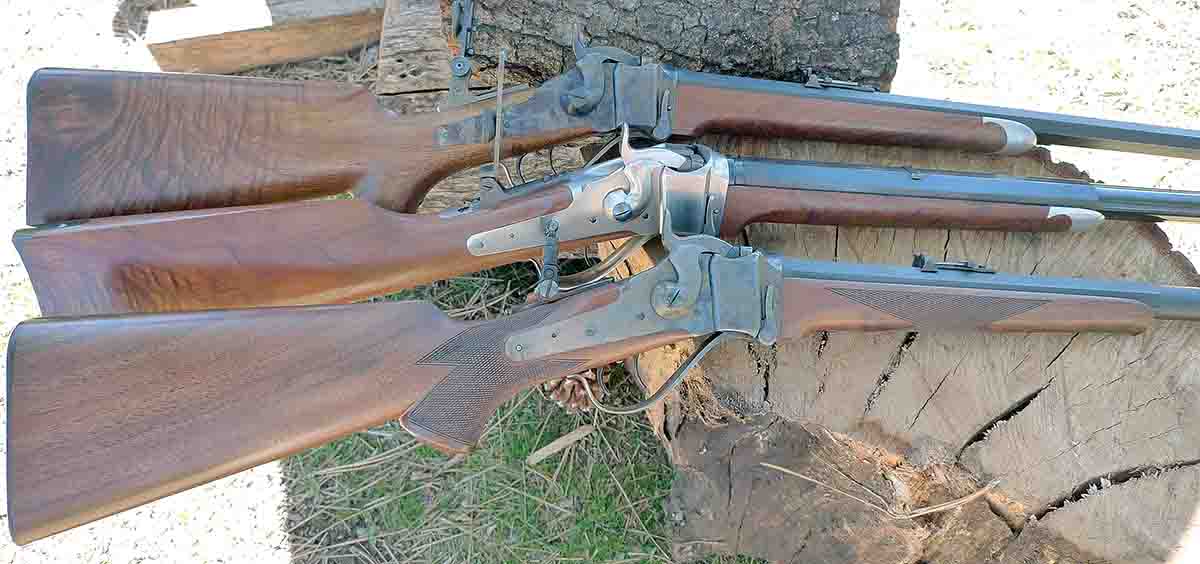 Three Shiloh Sharps rifles (top to bottom): Long Range .45-70 with 30-inch barrel; Hartford .45-100 with half-round 30-inch barrel; Mid Range .45-70 with half-round 26-inch barrel.